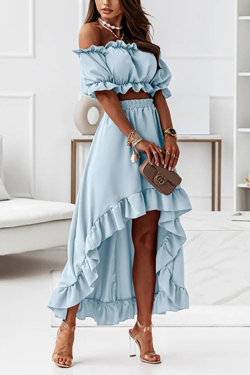 Flounce Off Shoulder Crop Irregularity Skirt Set - Fashionpara