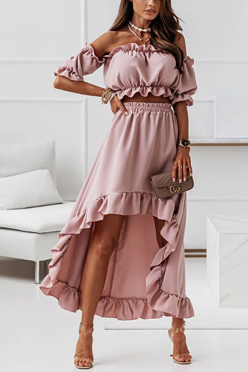 Flounce Off Shoulder Crop Irregularity Skirt Set - Fashionpara