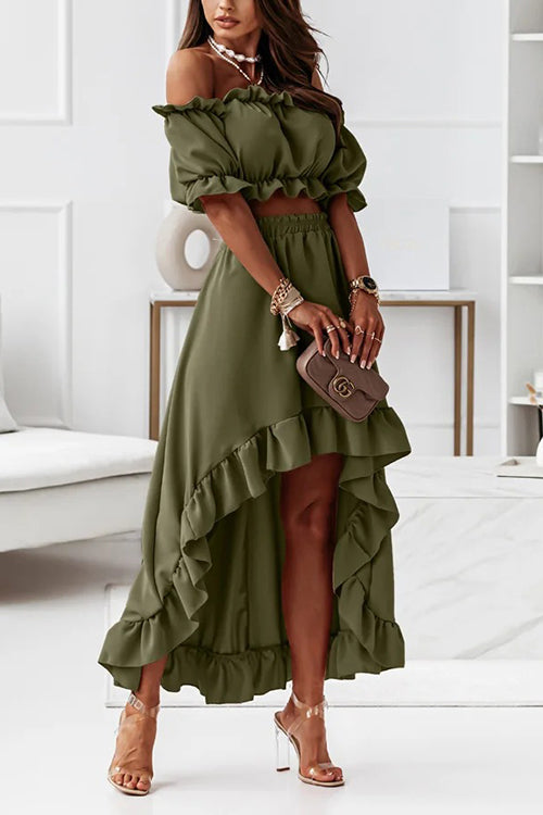 Flounce Off Shoulder Crop Irregularity Skirt Set - Fashionpara
