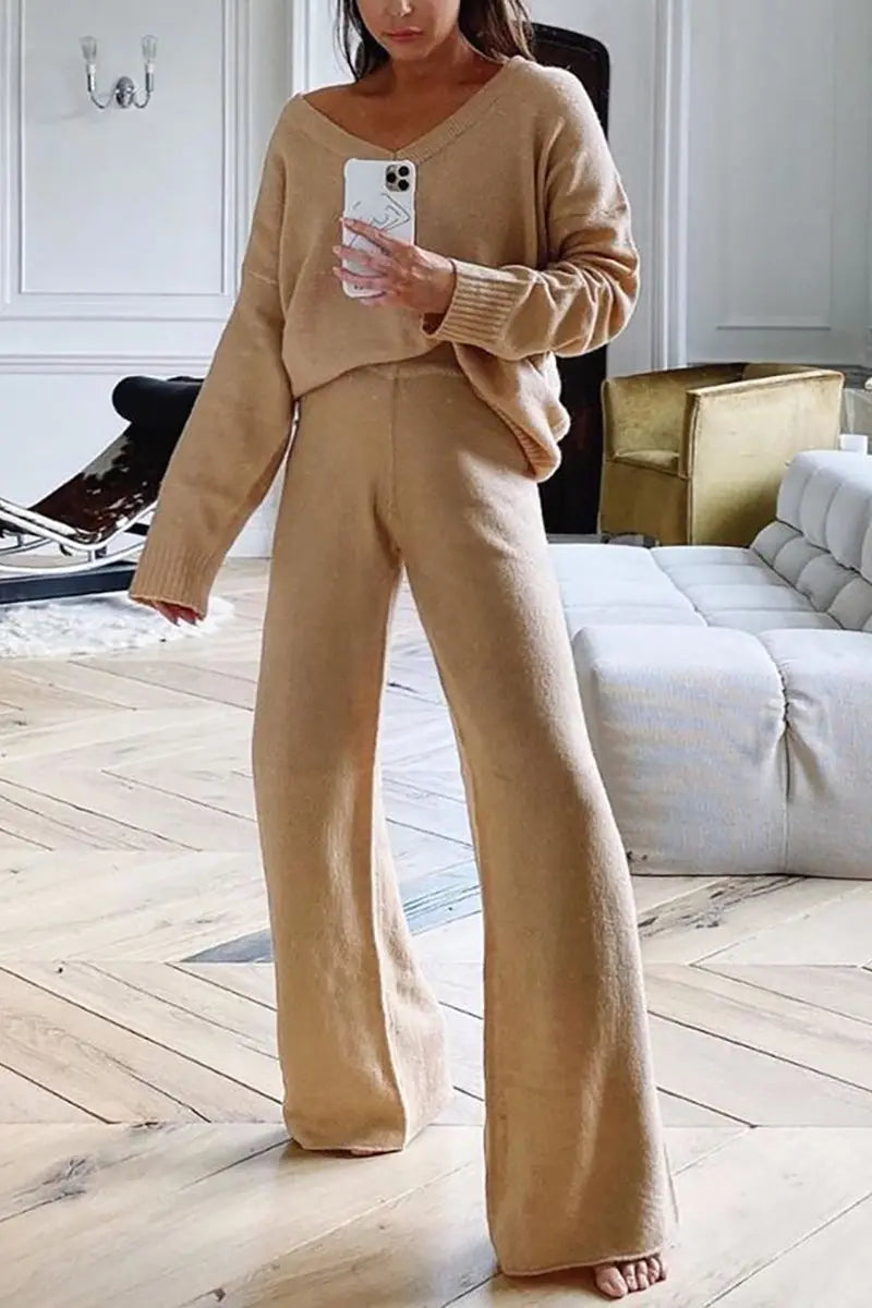 V Neck Loose Swater Pants Set - Fashionpara