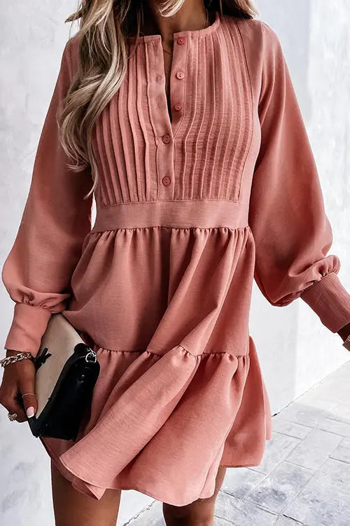 Button Layered Long Sleeve Mini Dress - Fashionpara