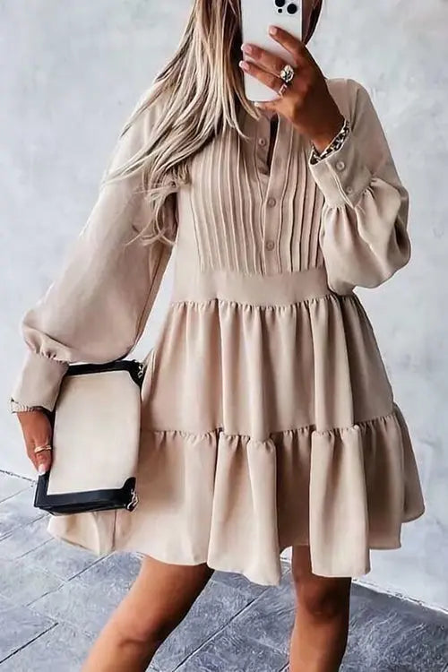 Button Layered Long Sleeve Mini Dress - Fashionpara