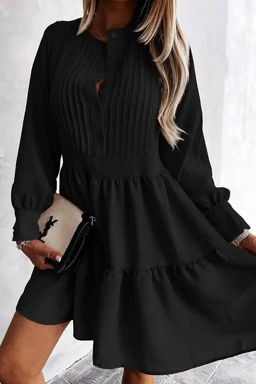 Button Layered Long Sleeve Mini Dress - Fashionpara