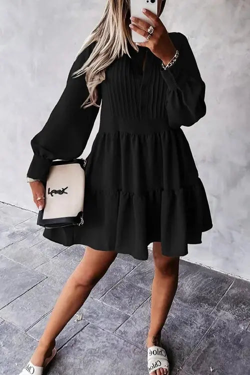 Button Layered Long Sleeve Mini Dress - Fashionpara