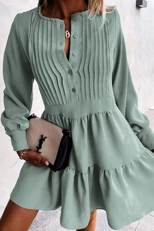 Button Layered Long Sleeve Mini Dress - Fashionpara