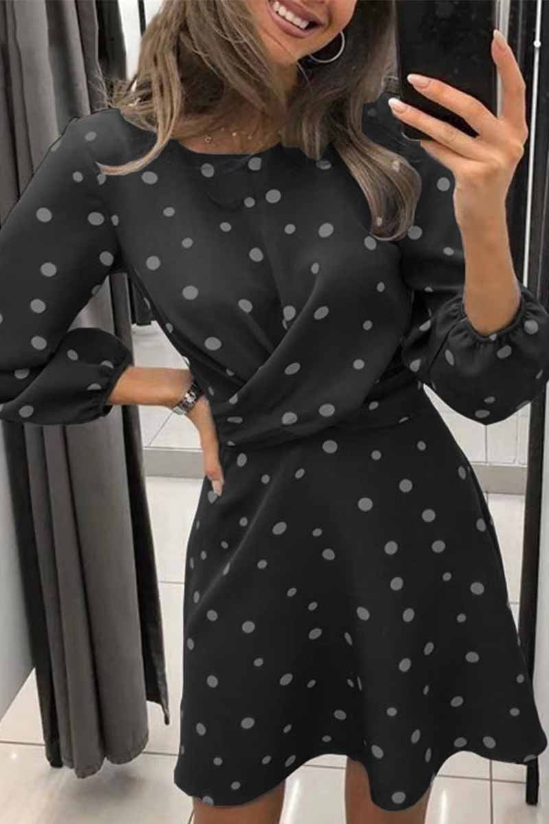 Florcoo Loose Round Neck Long Sleeve Polka Dot Mini Dress(4 Colors) - Fashionpara