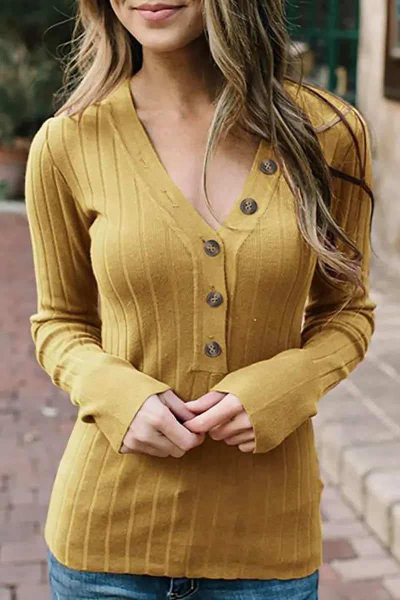 Button V Neck Slim Sweatershirt - Fashionpara