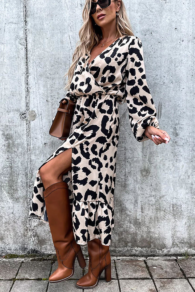 Leopard Long Sleeve Slit Midi Dress - Fashionpara