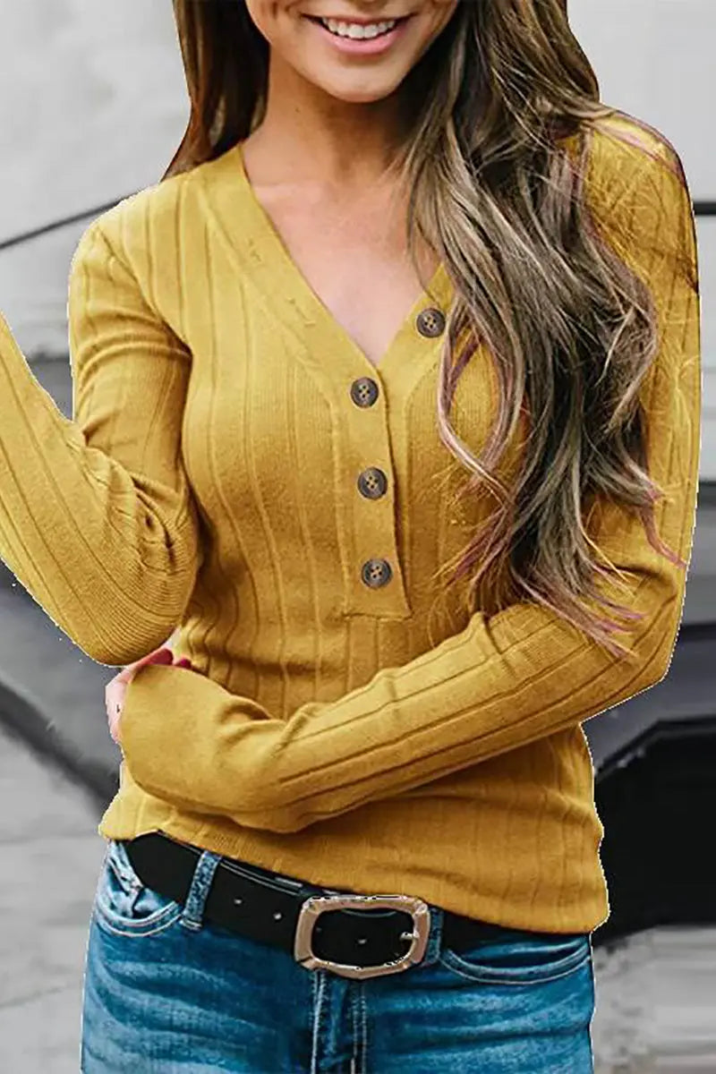 Button V Neck Slim Sweatershirt - Fashionpara