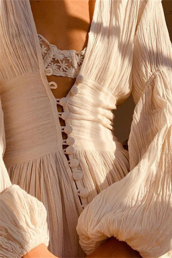 Plunging Button Long Sleeve Maxi Dress - Fashionpara