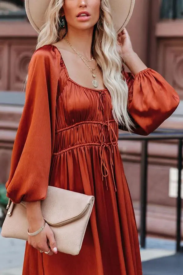 Satin Pocket Drawstring Long Sleeve Midi Dress - Fashionpara