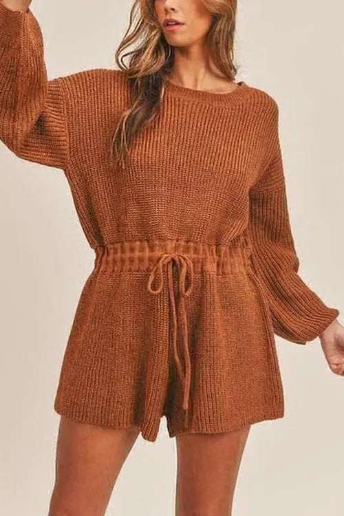 O Neck Puff Long Drawstring Sweater Romper - Fashionpara