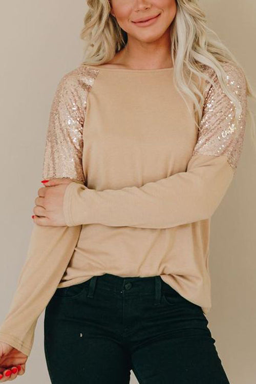 Sequin Shoulder Long Sleeve Top - Fashionpara