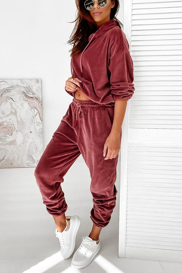 Velvet Drawstring Hooded Joggrt Set - Fashionpara