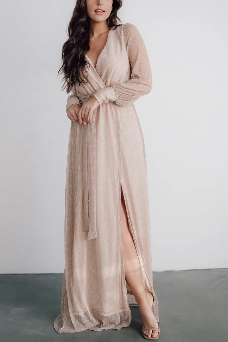 Sparkle Puff Long Sleeve Slit Maxi Dress - Fashionpara