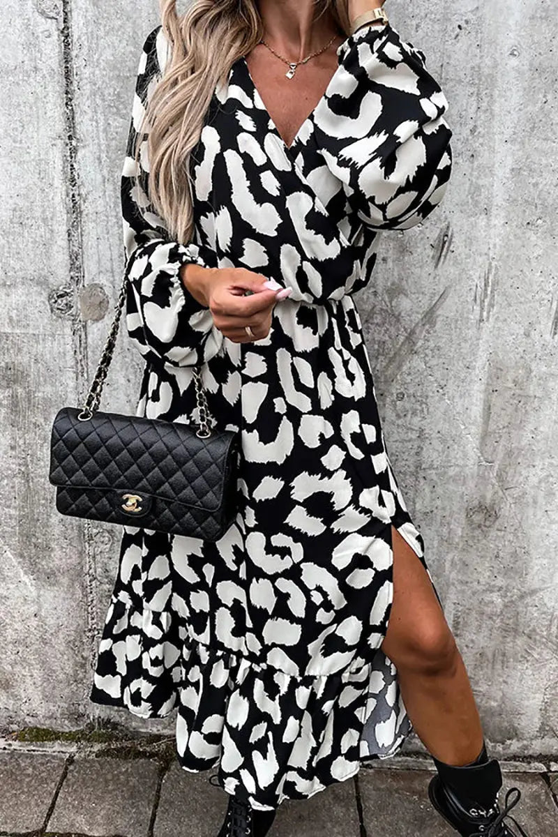 Leopard Long Sleeve Slit Midi Dress - Fashionpara