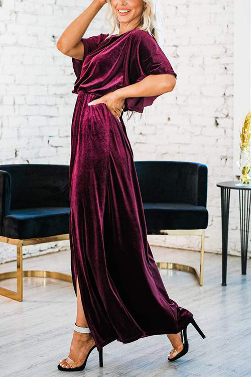 Velvet Wlastic Waist Slit Maxi Dress - Fashionpara
