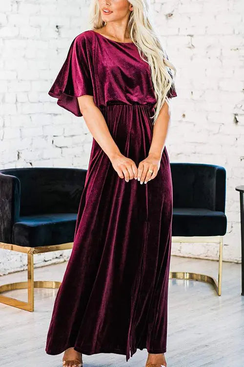 Velvet Wlastic Waist Slit Maxi Dress - Fashionpara