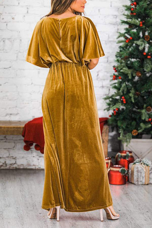 Velvet Wlastic Waist Slit Maxi Dress - Fashionpara