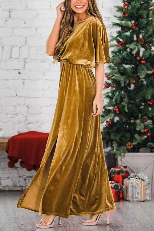 Velvet Wlastic Waist Slit Maxi Dress - Fashionpara