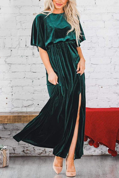 Velvet Wlastic Waist Slit Maxi Dress - Fashionpara