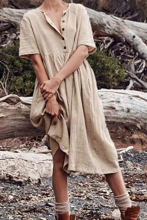 Solid Button O Neck Midi Dress - Fashionpara