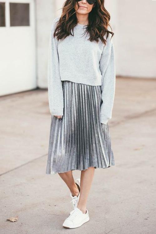 Metallic Pleated Maxi Skirts - Fashionpara