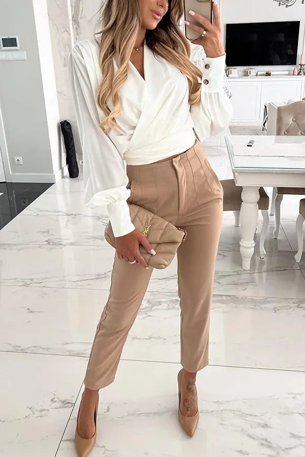 Surplice Puff Sleeve Wrap Blouse - Fashionpara