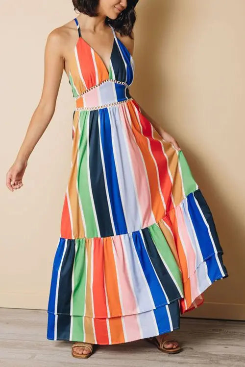 Rainbow Stripe Backless Slip Maxi Dress - Fashionpara