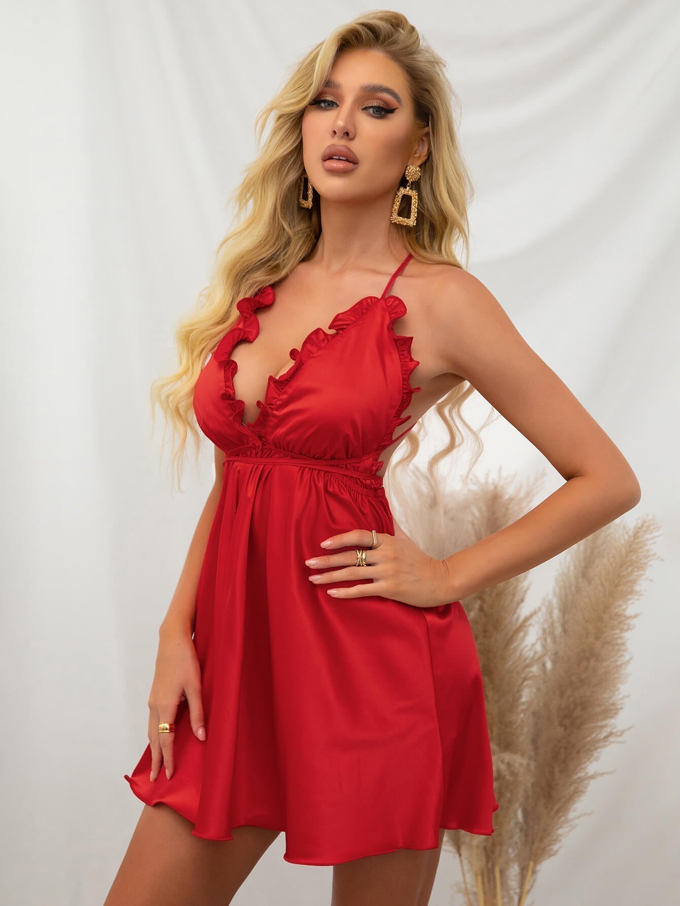 Backless Ruffle Satin Mini Nightdress - Fashionpara