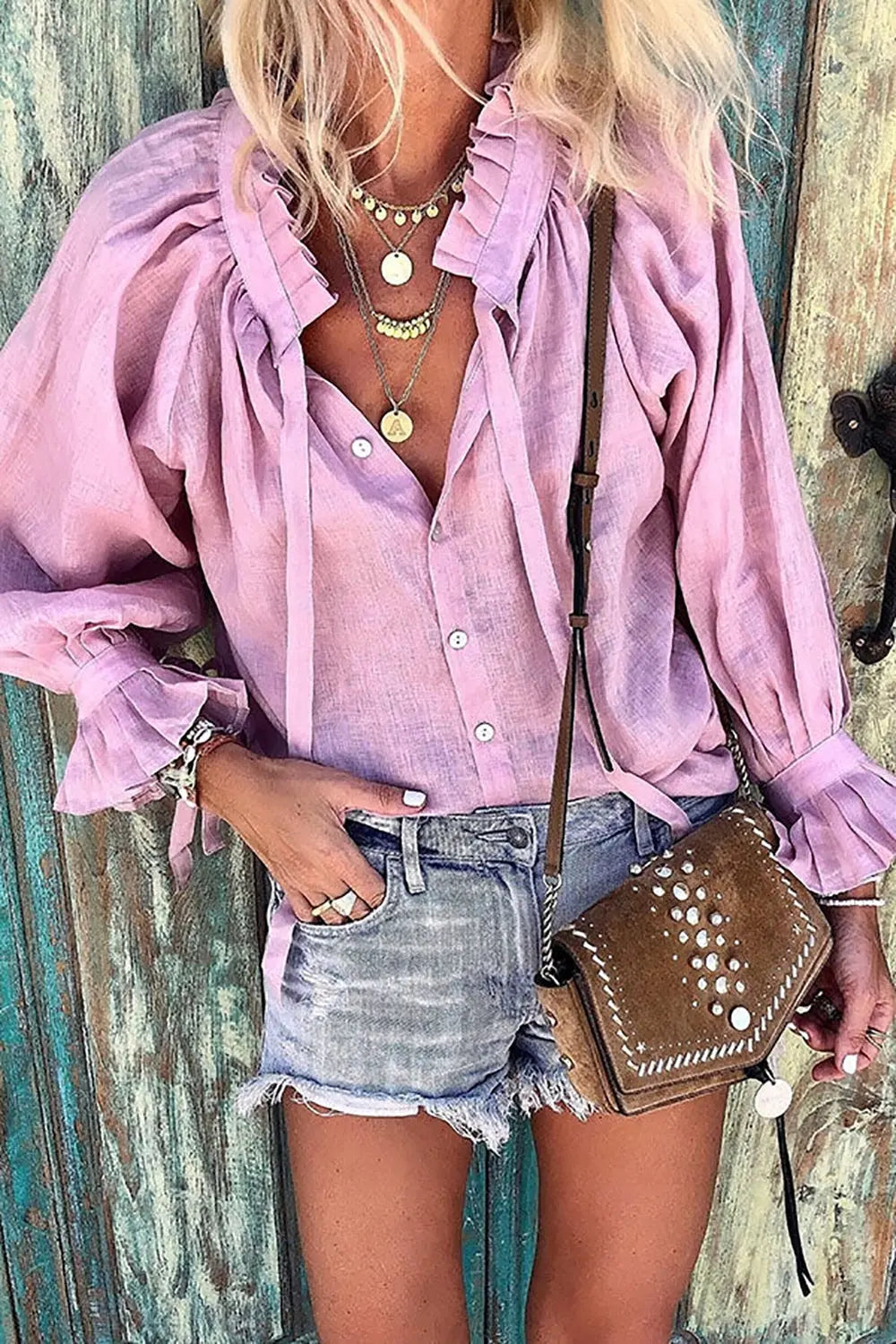 Ruffles Button Puff Sleeve Blouse - Fashionpara