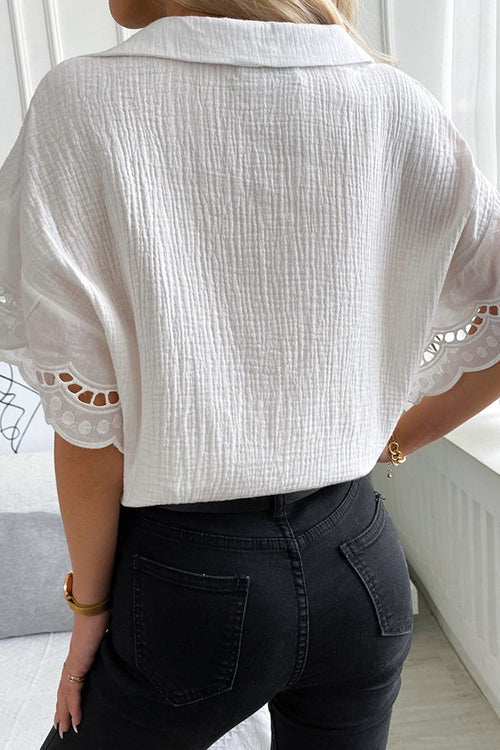 Keyhole Scalloped Edges V Neck Blouse - Fashionpara