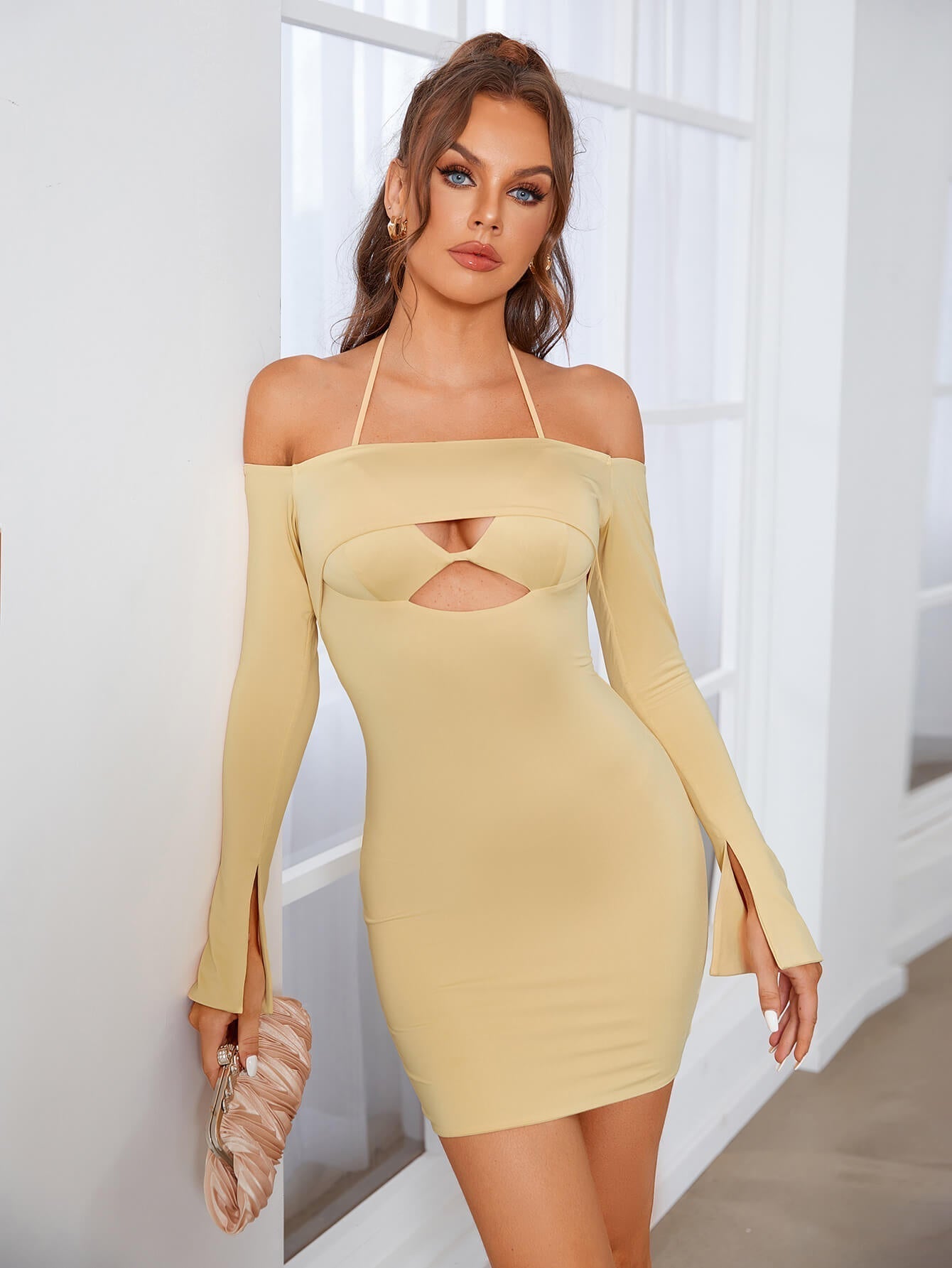 Off Shoulder Halter Cut Out Bodycon Dress - Fashionpara