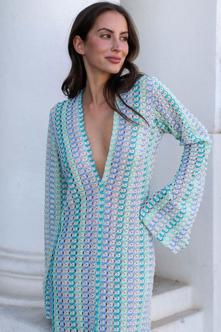 Boho V Neck Bell Sleeve Wavy Striped Crochet Beach Vacation Maxi Dress - Blue - Fashionpara