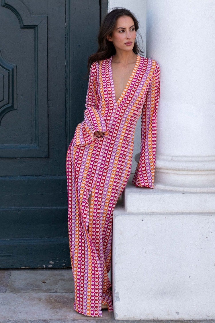 Boho V Neck Bell Sleeve Wavy Striped Crochet Beach Vacation Maxi Dress - Red - Fashionpara