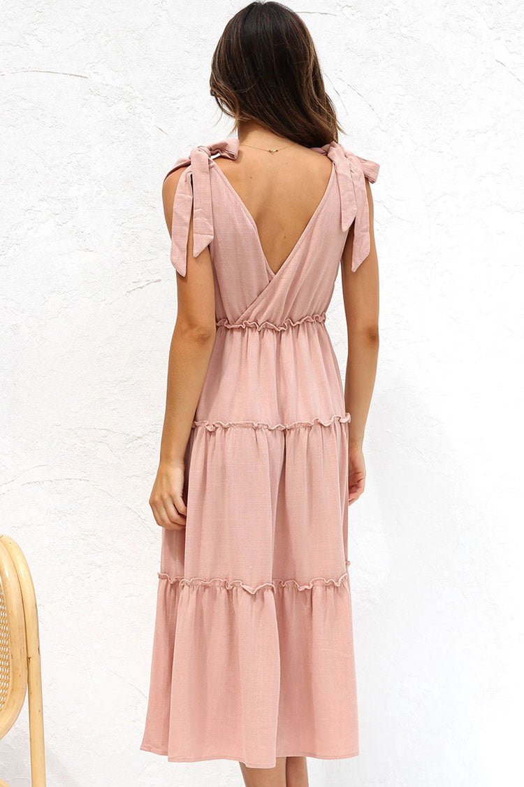 Breezy Deep V Tie Strap Tiered Babydoll Midi Summer Sundress -Dusty Pink - Fashionpara