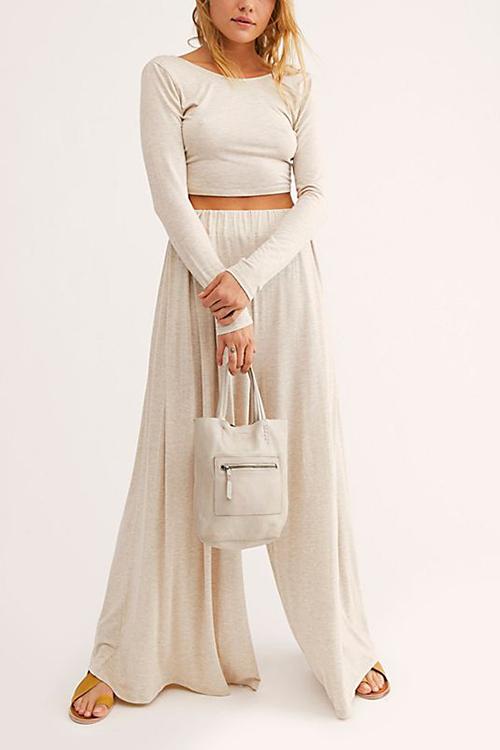 Solid Crop Wide Leg Pants Set - Fashionpara