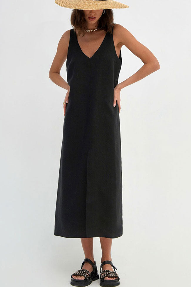Casual V Neck Front Split Sleeveless Linen Blend Midi Sundress - Black - Fashionpara
