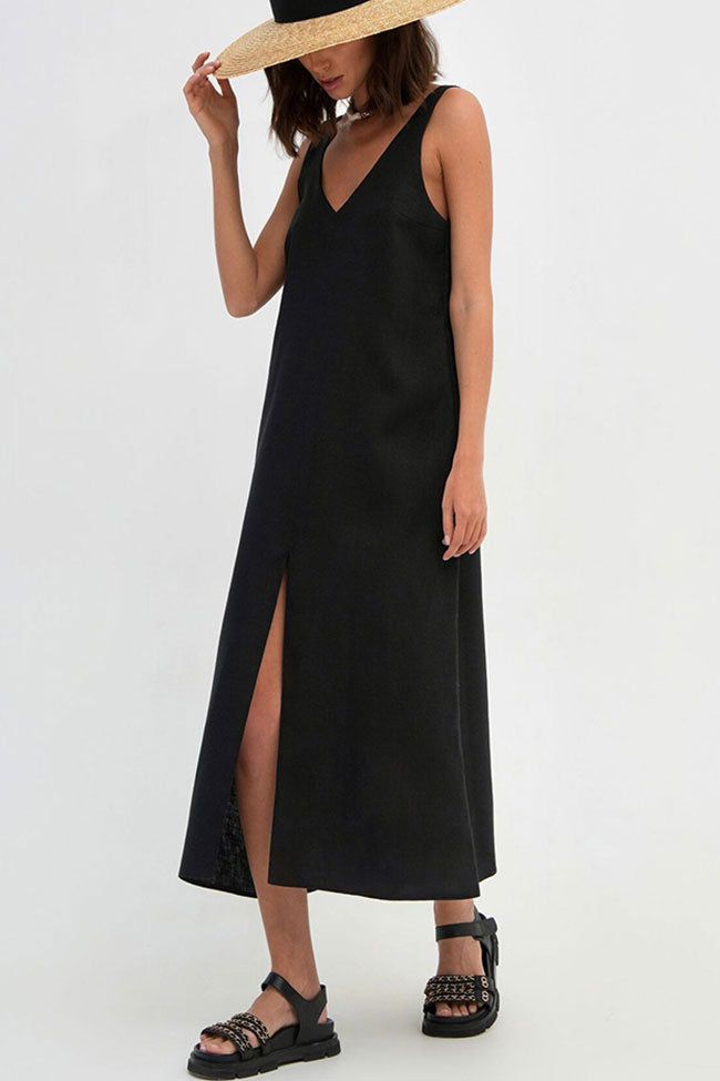 Casual V Neck Front Split Sleeveless Linen Blend Midi Sundress - Black - Fashionpara