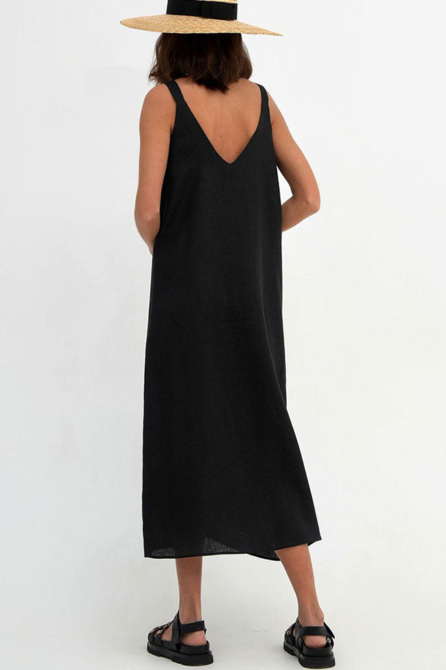 Casual V Neck Front Split Sleeveless Linen Blend Midi Sundress - Black - Fashionpara