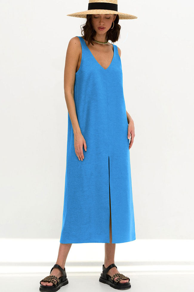 Casual V Neck Front Split Sleeveless Linen Blend Midi Sundress - Blue - Fashionpara