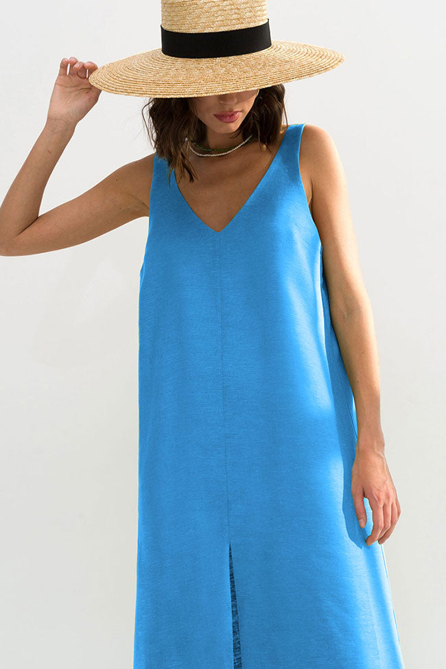 Casual V Neck Front Split Sleeveless Linen Blend Midi Sundress - Blue - Fashionpara