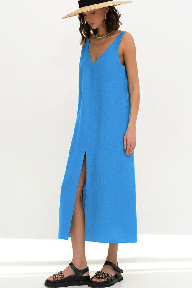 Casual V Neck Front Split Sleeveless Linen Blend Midi Sundress - Blue - Fashionpara