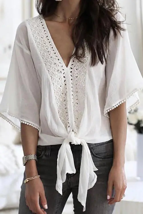 V Neck Knot Embroidery Bell Sleeve Blouse - Fashionpara