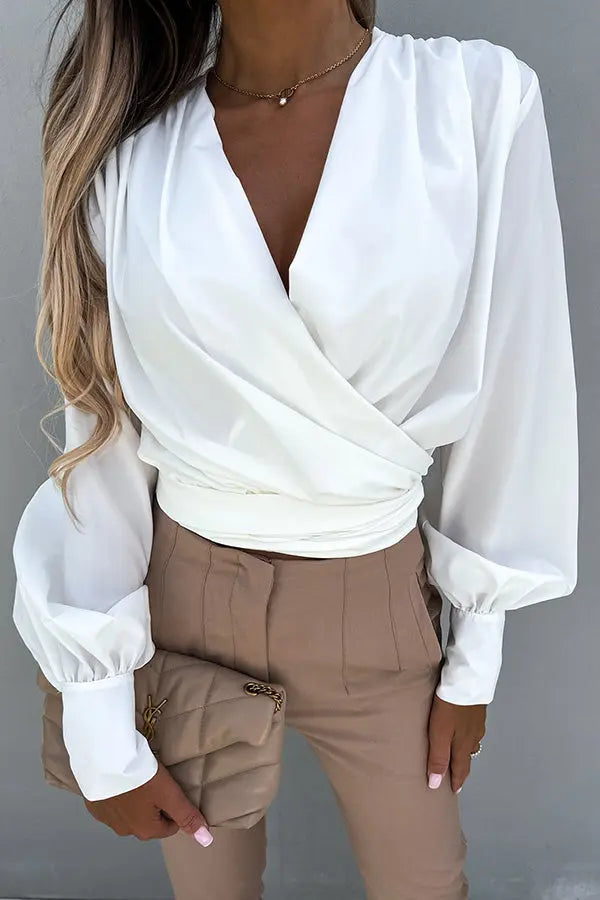Surplice Puff Sleeve Wrap Blouse - Fashionpara