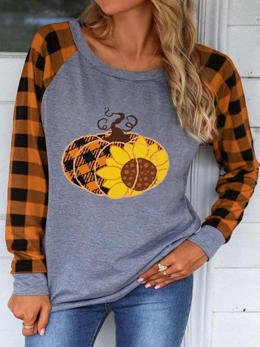 Women's T-shirts Plaid Pumpkin Print T-shirt - Fashionpara