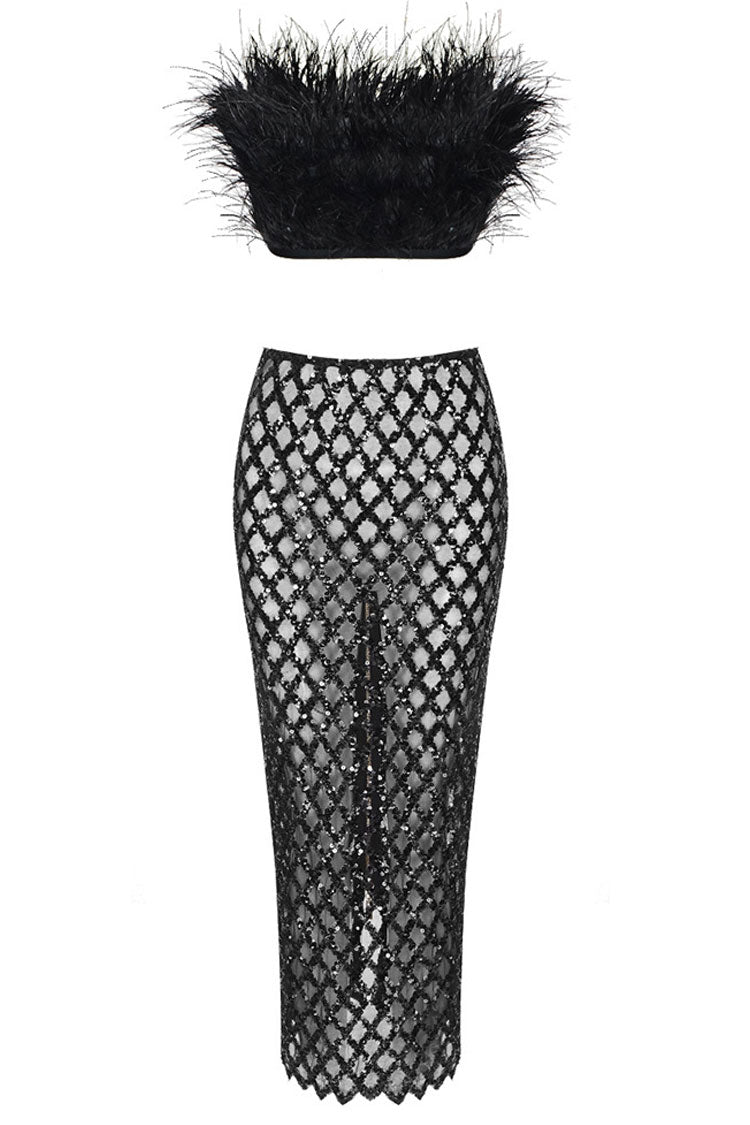 Classy Feather Strapless Top Sequin Midi Skirt Two Piece Dress - Black - Fashionpara
