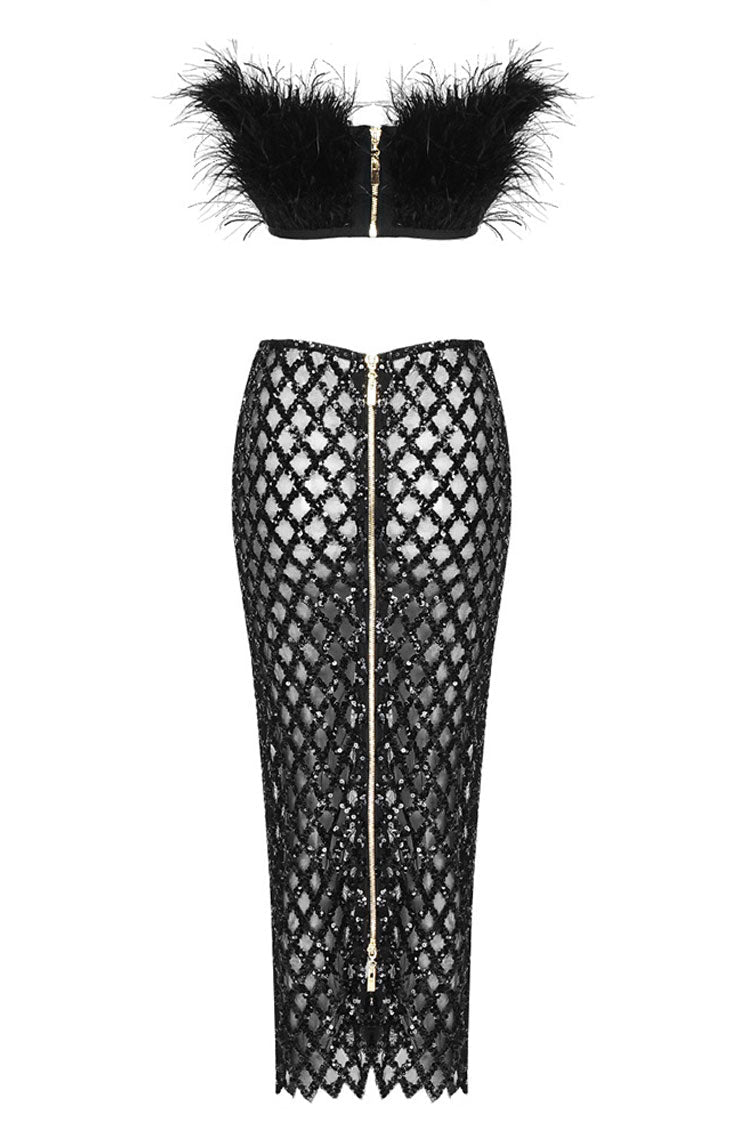 Classy Feather Strapless Top Sequin Midi Skirt Two Piece Dress - Black - Fashionpara