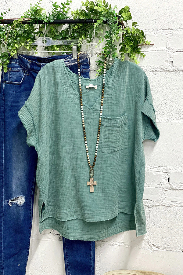 Cotton and linen V-neck T-shirt - Fashionpara