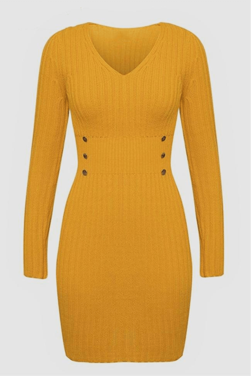 V Neck Yellow Sweater Mini Dress - Fashionpara